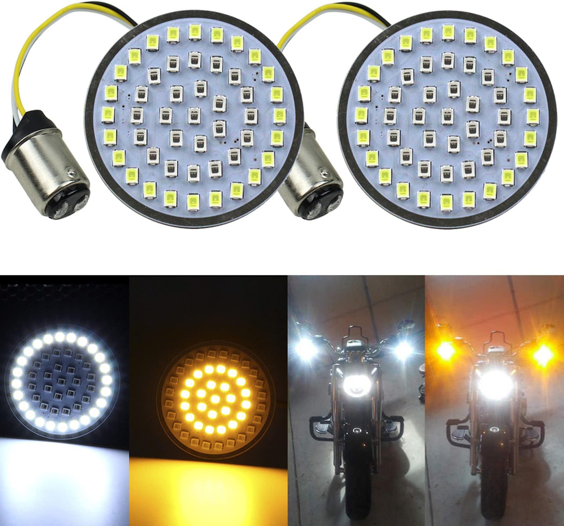 Led motorcycle turn signals 1157 front turn signal 2'' Bullet Style Running Light Kit Compatible for dyna sportster street glide road king Motorcycle (1157-White+Amber)