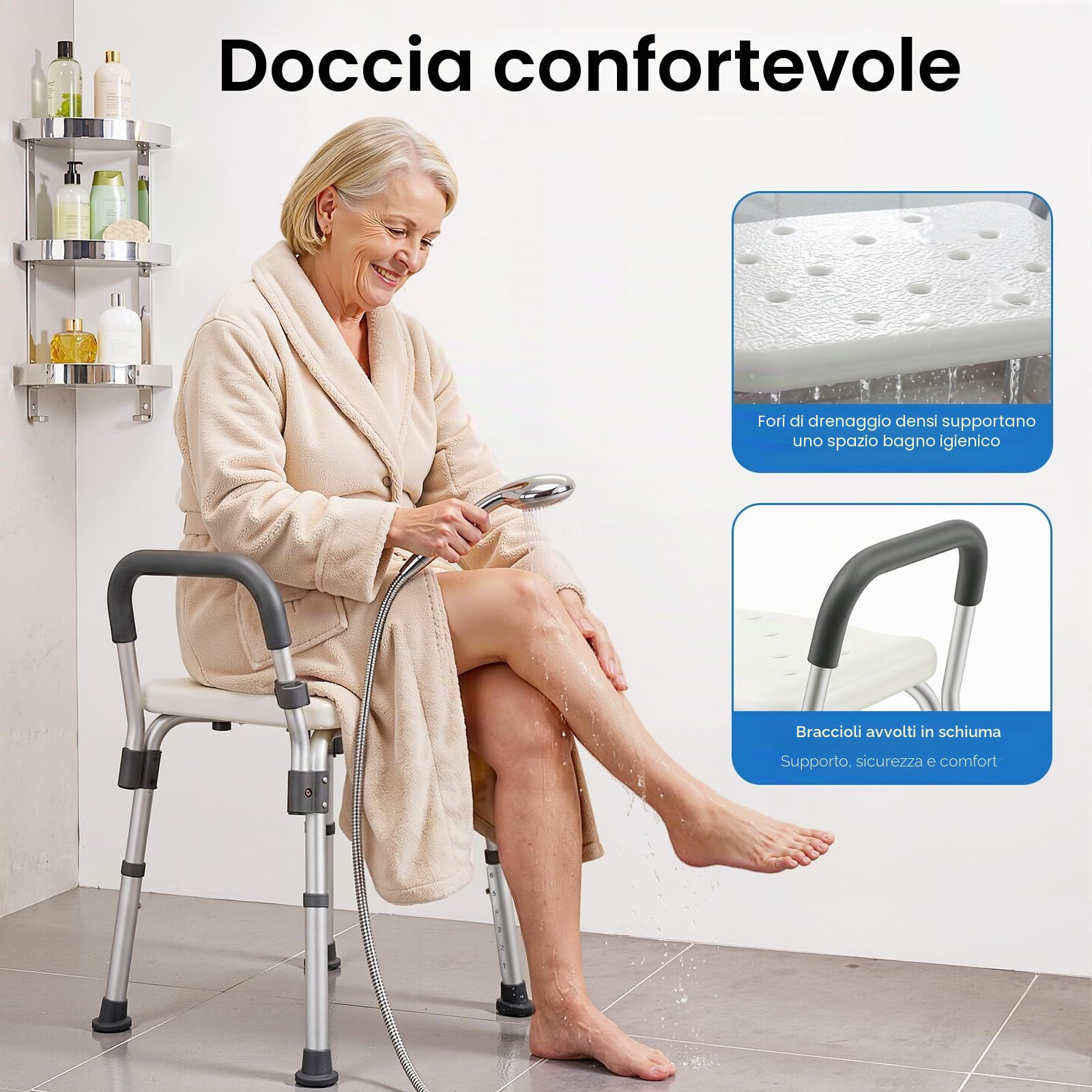 Sedia da doccia senza schienale con braccioli, sedia da doccia regolabile in altezza, per doccia interna, con capacità di 150 kg