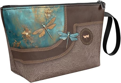 Leather Makeup Bags For Women Brown Aesthetic Dragonfly Travel Toieltry Train Case Cosmetic Case Organizer Portable Artist Storage Bag with Handles