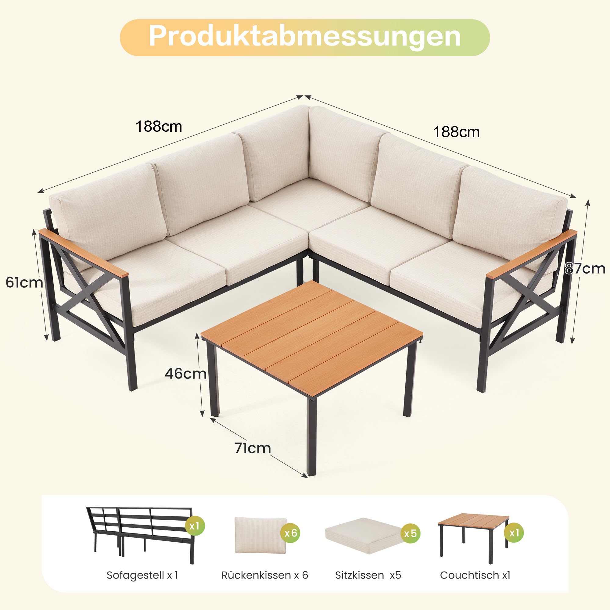 Metal Gartenmöbel Set,6-Teiliges,L-Form Outdoor Sofa mit Couchtisch und 10cm Olefin-Schaumstoffkissen,Wetterfest Lounge für Garten,Terrasse,Pool,Unterhaltungssets bis 6 Personen,Beige