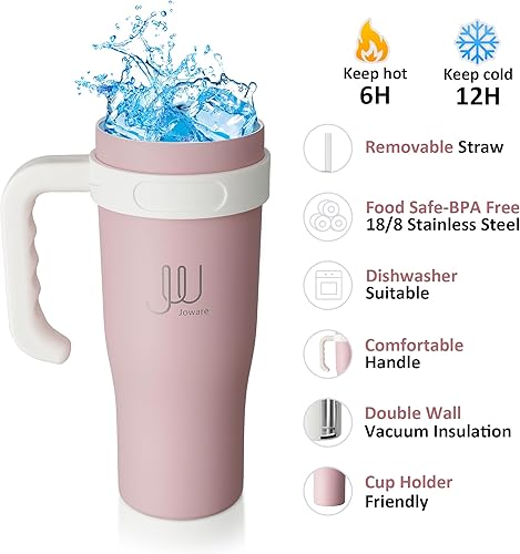 Miniatura 2 de Vaso de 40 onzas con asa y popote, vaso de acero inoxidable a prueba de fugas, taza de viaje aislada al vacío para bebidas calientes y frías, rosa