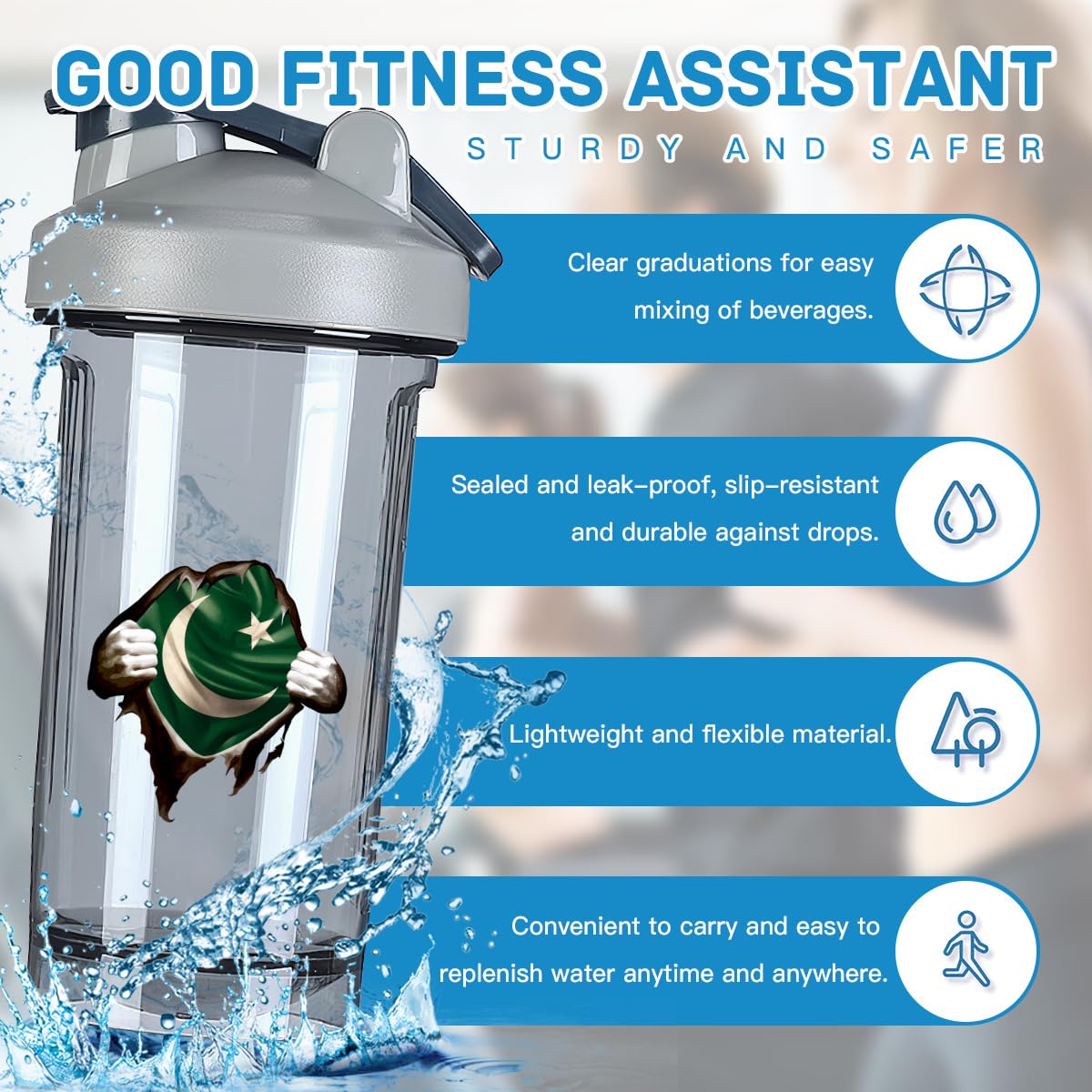 Vintage Torn Broken Pakistan Pakistani Flag 18 Ounce Shaker Bottle Drink Mixer Leak-proof Pre Workout Protein Shakes Meal Replacement Shakes Bottles 500ML/18 Oz Gray-1-1