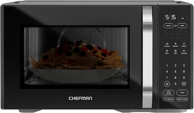Chefman MicroCrisp Four à micro-ondes numérique, fonction de prise de courant double, 1000W Micro-ondes + 1500W Crisper, 1.0 Cu Ft, 6 Préréglage tactile, affichage numérique, poignée en acier inoxydable