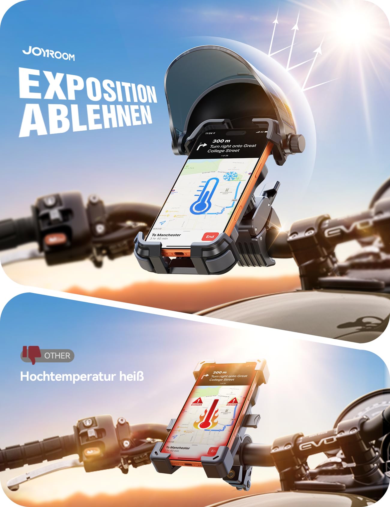 2026 JOYROOM Handyhalterung Fahrrad mit Sonnenblende, Handyhalter Motorrad Anti-Reflex, 1S-Montage, Universal Handy Halterung Fahrradlenker Kompatibel mit iPhone 17/16 und Samsung S26 (4,7-7 Zoll)