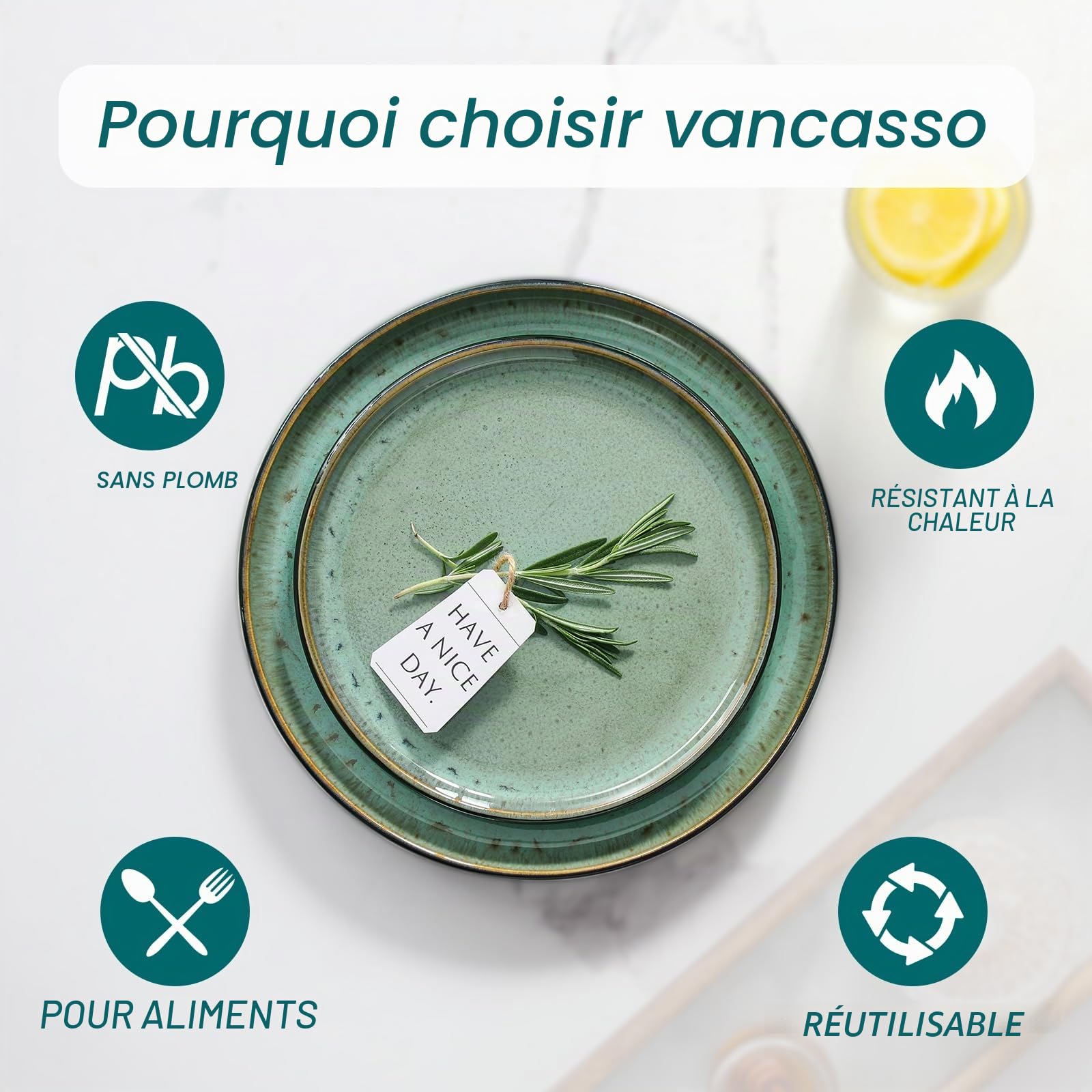 vancasso AMBER Service Vaisselle 6 Personnes, Ensemble Assiettes de Table 24 Pièces en Grès - Assiettes Plates, Assiettes à Dessert, Bols à Pâtes et Bols - Adapté au Micro-Ondes - Glaçure Vert