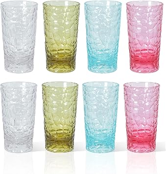 12-Ounce Plastic Tumblers Set of 8,Plastic Reusable Drinking Glasses,Colorful Highball Cups,Reusable Water Cups for kitchen, Stackable, BPA-Free, Dishwasher-Safe, Shatter-Proof