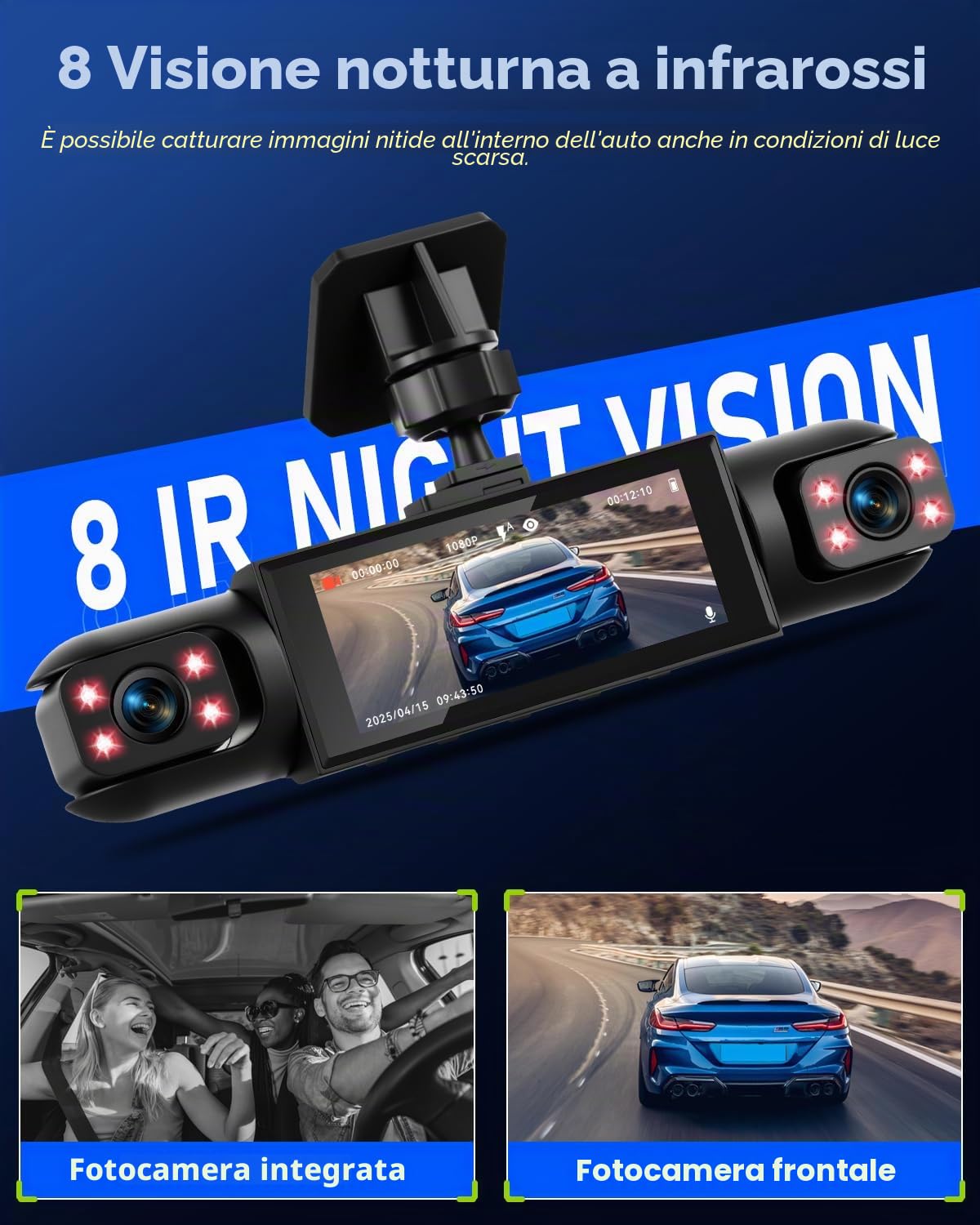NHOPEEW Dashcam a 4 canali anteriore e posteriore per auto con display da 3,16 pollici - Dashcam a 360° con supporto 8R, visione notturna, registrazione in loop e rilevamento del movimento