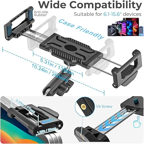 Miniatura 5 de Soporte para tablet de automóvil, altura ajustable, brazo largo de metal, rotación de 360, soporte de tableta para camión golf, funda de grosor de