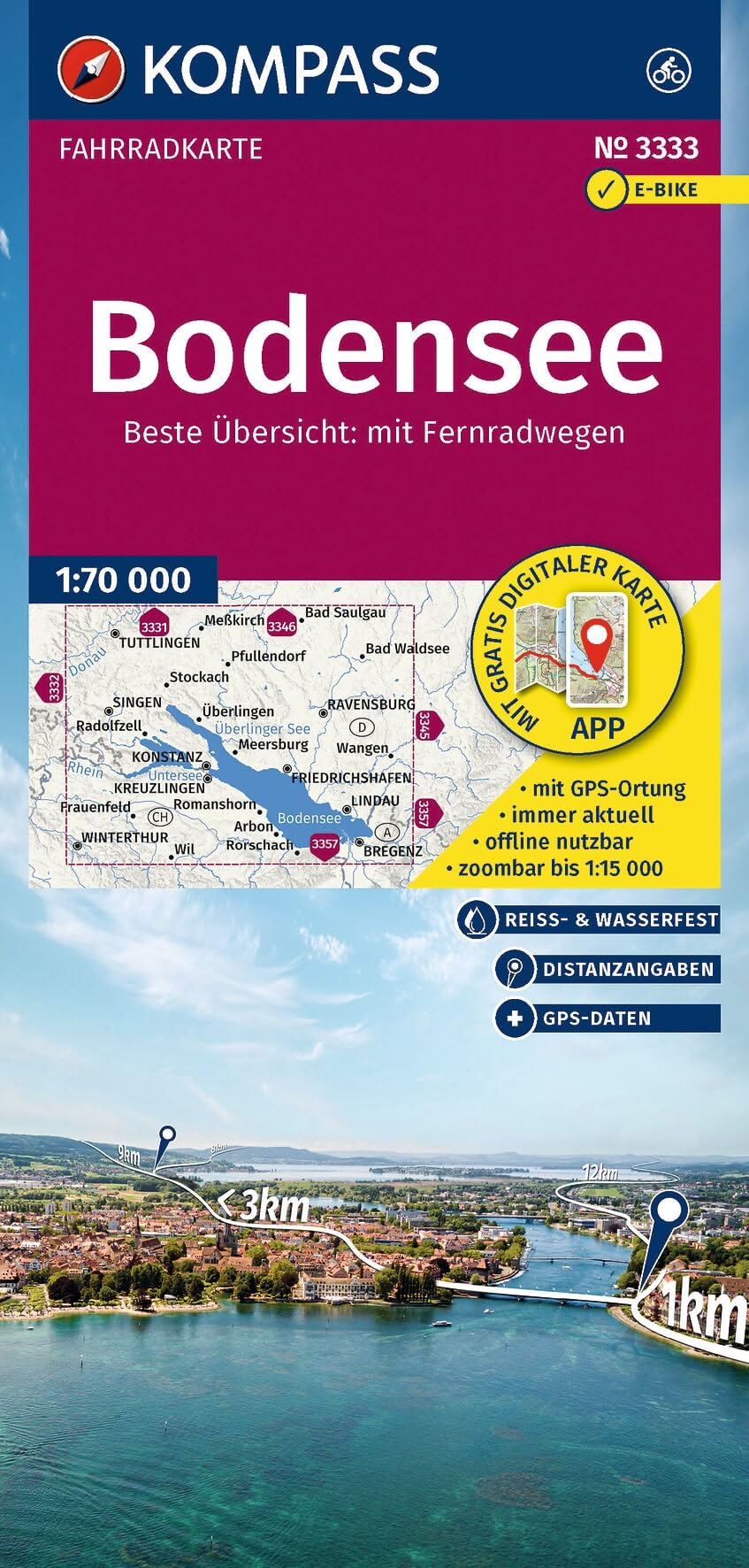 KOMPASS Fahrradkarte 3333 Bodensee 1:70.000: reiß- und wetterfest