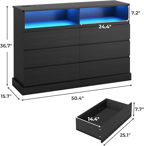 Miniatura 2 de DICTAC Cómoda moderna para dormitorio, cómoda negra con cajones sin asas, cómoda con luces LED y estación de carga, dimensiones 50.4 pulgadas de