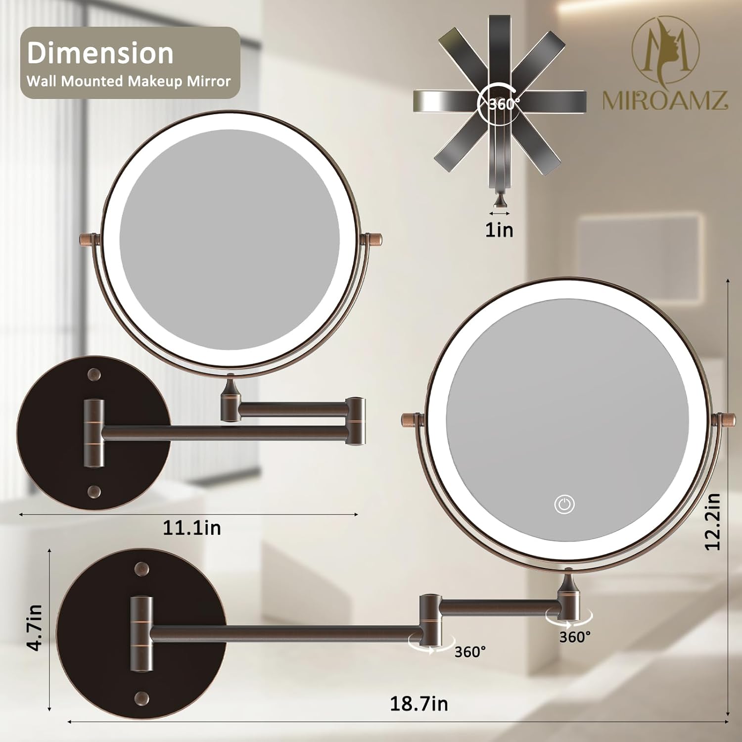 Rechargeable Wall Mounted Lighted Makeup Vanity Mirror 8 Inch Double Sided 1X 10X Magnifying Bathroom Mirror, 3 Color Lighting, Touch Screen Dimming, 360 Rotation Oil Rubbed Bronze