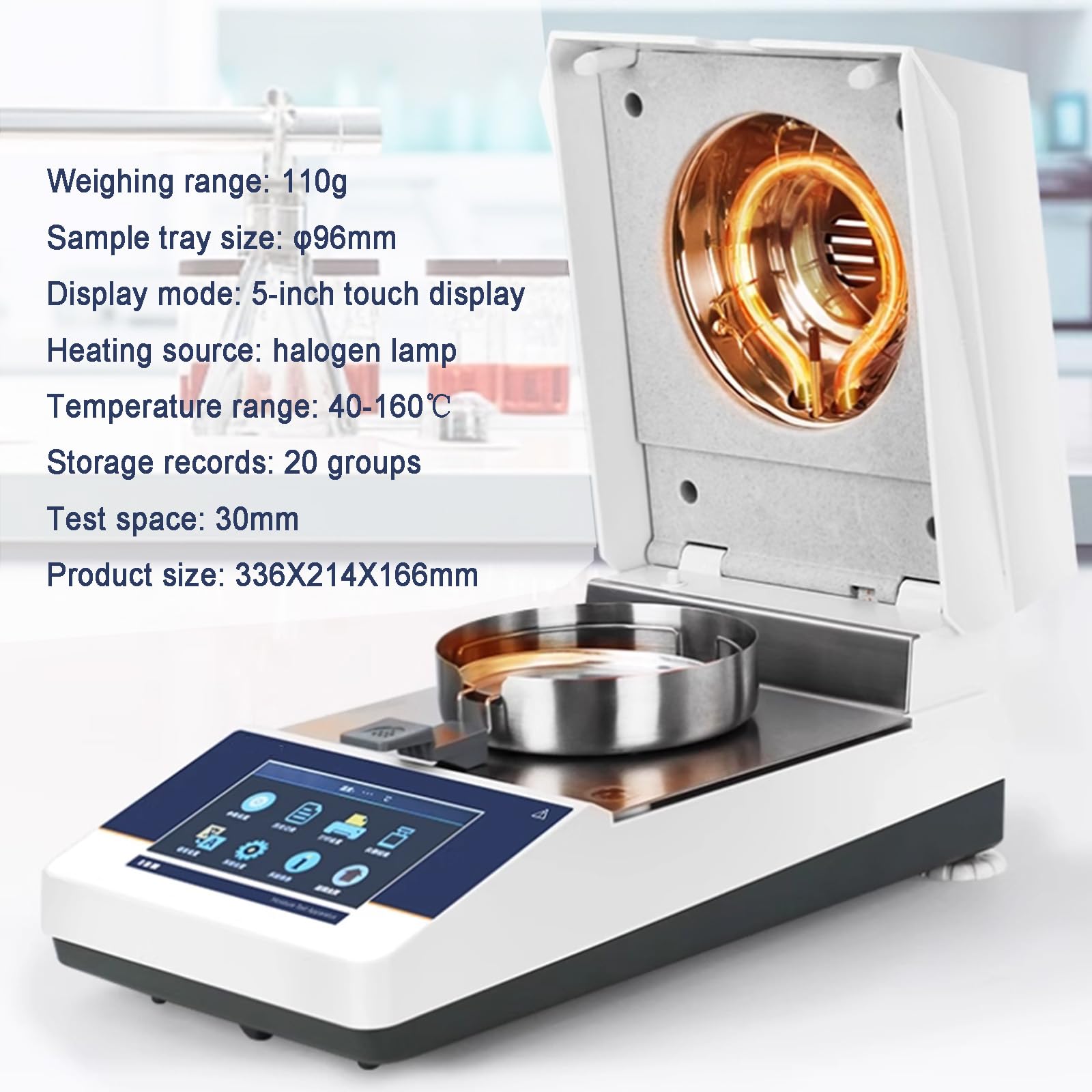 Humidimètre Halogène, Balance Analyseur D'humidité 110 G, Chauffage Et Séchage Rapides (40-160 °C), Écran Tactile LCD, pour Laboratoire Alimentaire, Plantes Et Matériaux De Construction