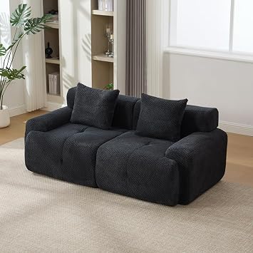 73 Inch Modern Modular Sectional Sofa, 2 Seater Tufted Cloud Loveseat with 2 Throw Pillows, All Foam Boneless Convertible Floor Couch for Living Room, Apartment, Office, Guest Room Black