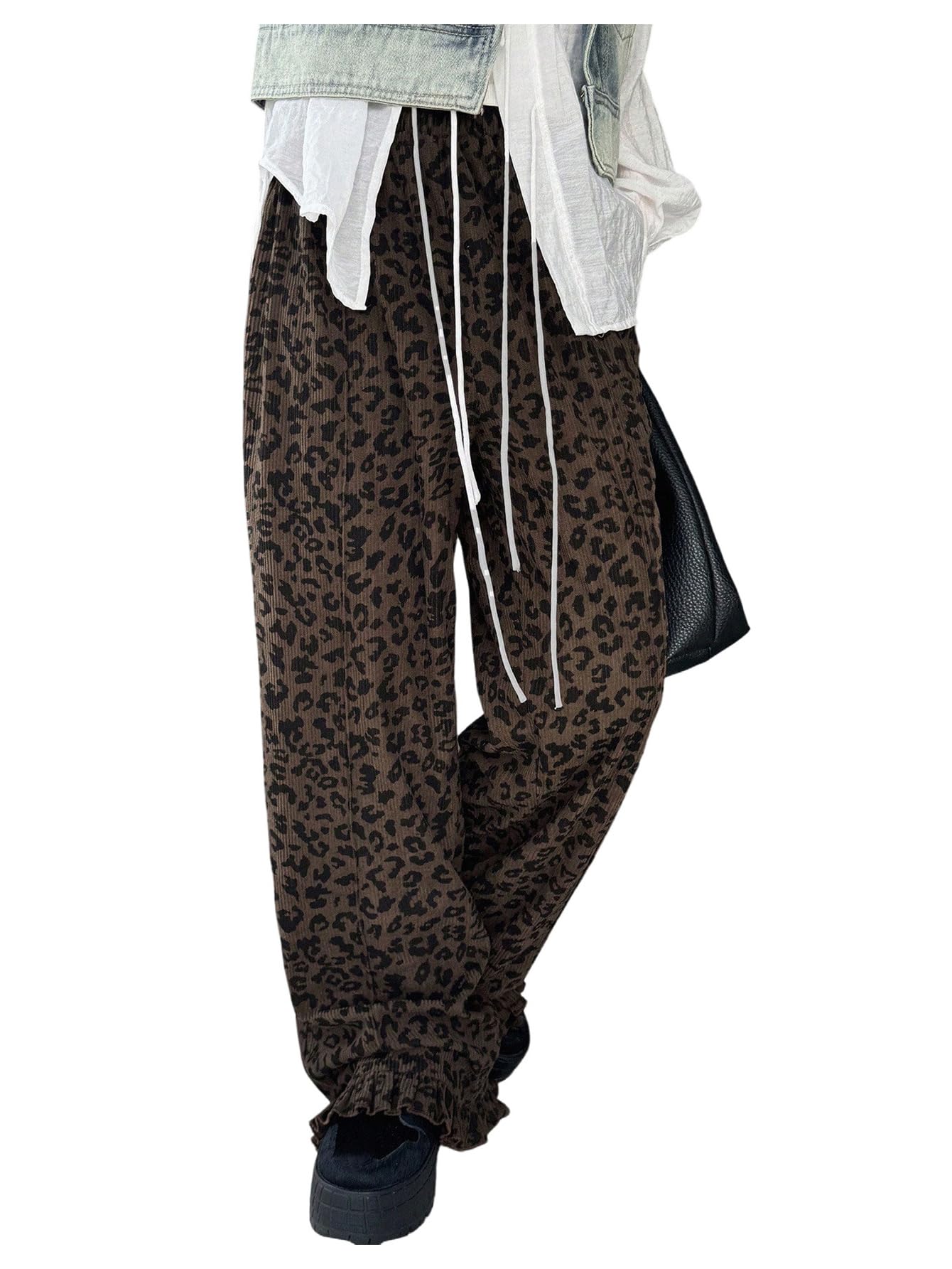 GORGLITTER Womens Leopard Cheetah Print Ruffle Pants Baggy Wide Leg Y2k Trousers