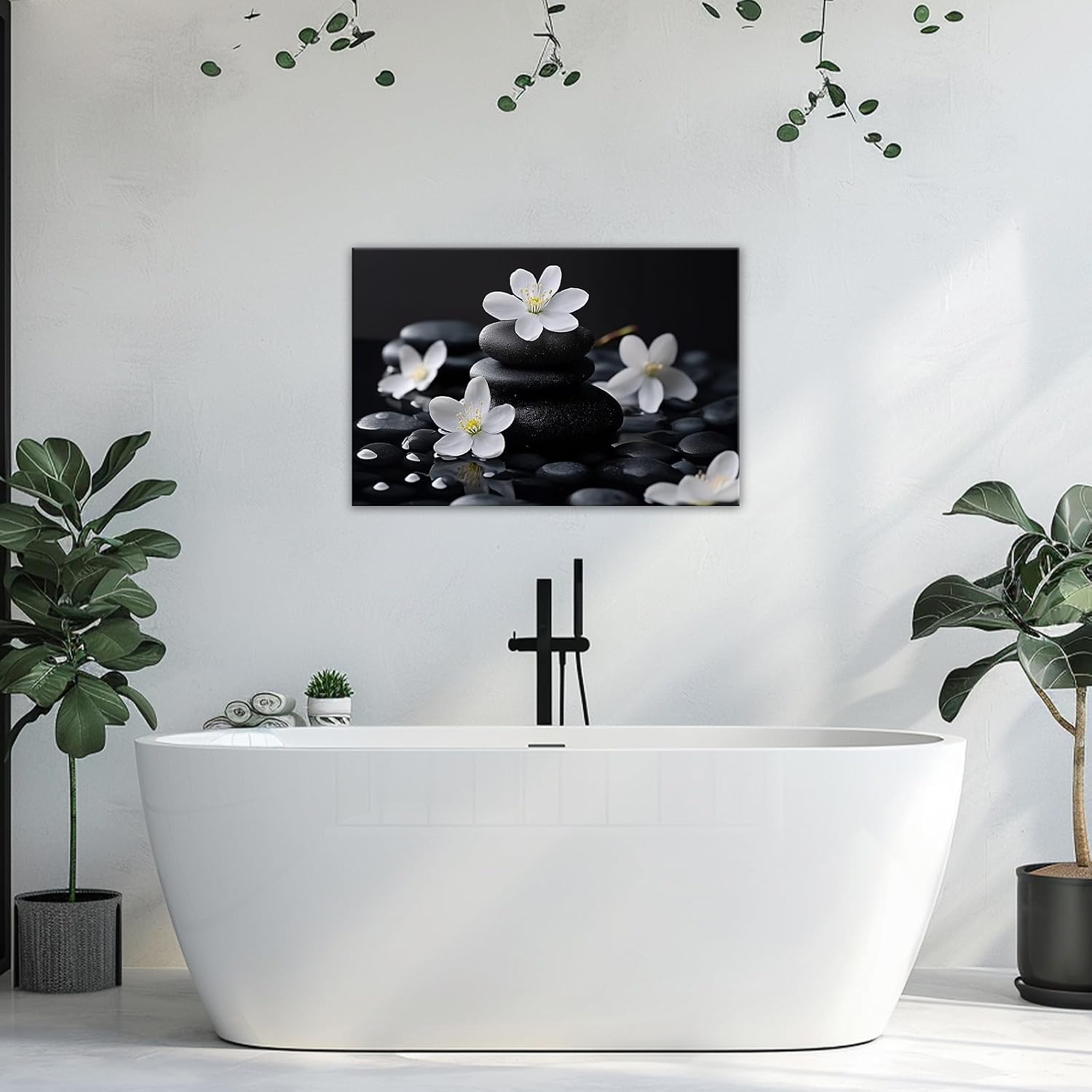 GLOKAKA Zen Canvas Wall Art White Orchid Floral Black Stone Pictures Spa Meditation Artwork for Spirit Bathroom Yoga Room Decor Frame Ready to Hang(Zen-2,24"x36")