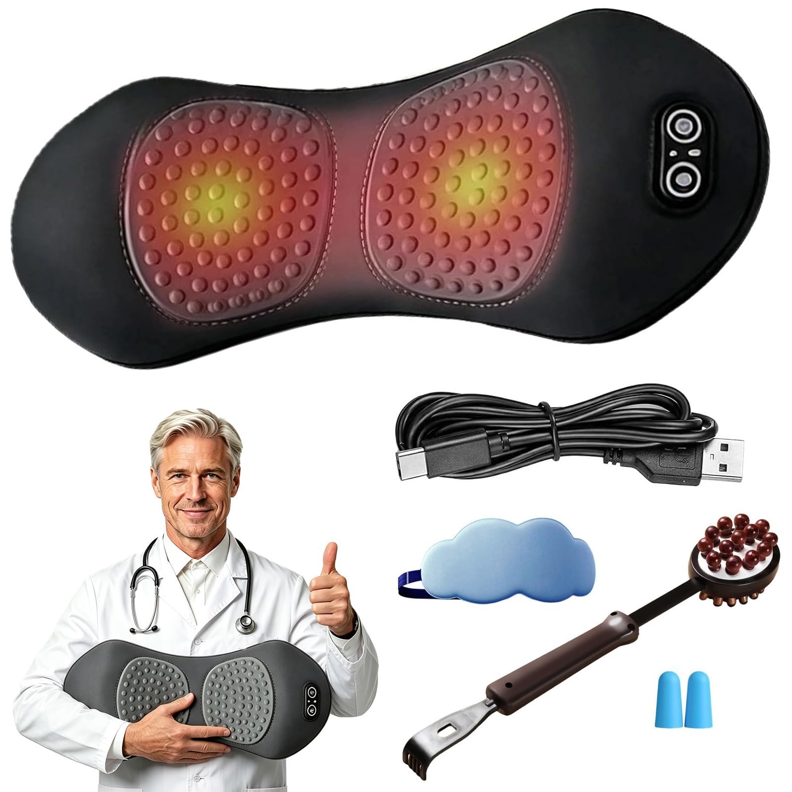 ErgoRelax Pro 3-in-1 Rückenmassagegerät mit Wärmefunktion 2026 Neu Triple Fusion Massagegerät mit Erwärmung,Vibration & Traktion, Ergonomischem Design Und Memory, Müdigkeit Lindern，A：USB
