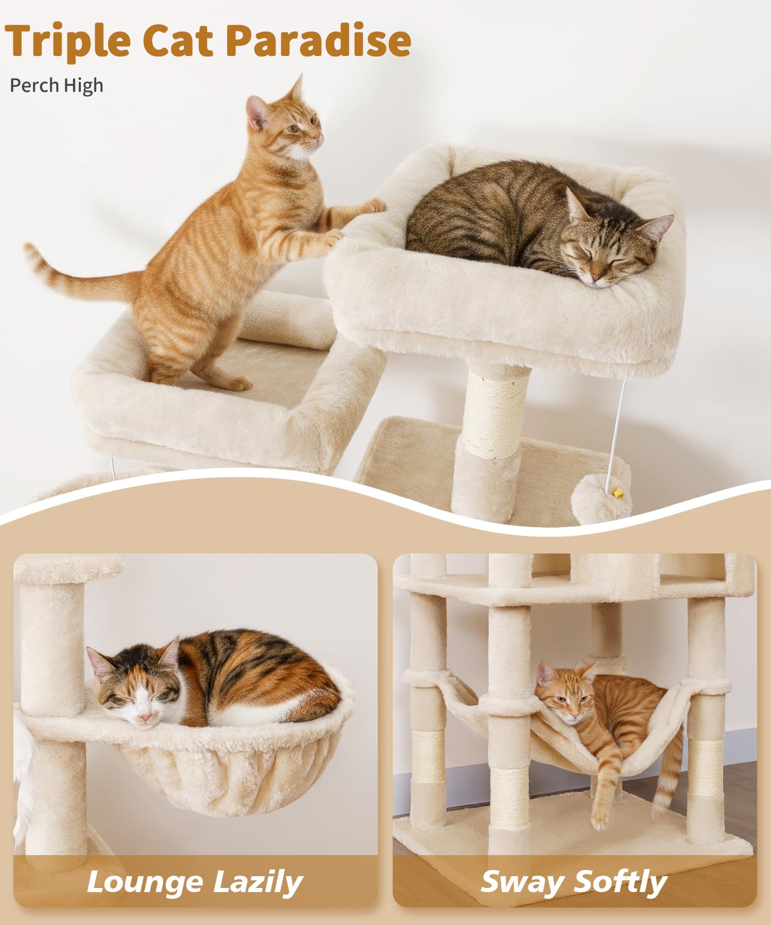 AMHANCIBLE Tall Cat Tree, 70 Inch Cat Tower for Indoor Cats, Multi-Level Cat Tree with Scratching Post, Hammock, Hanging Basket, Large Cat Condos for Adult Cats Kittens, Beige, PT18BG - image 3