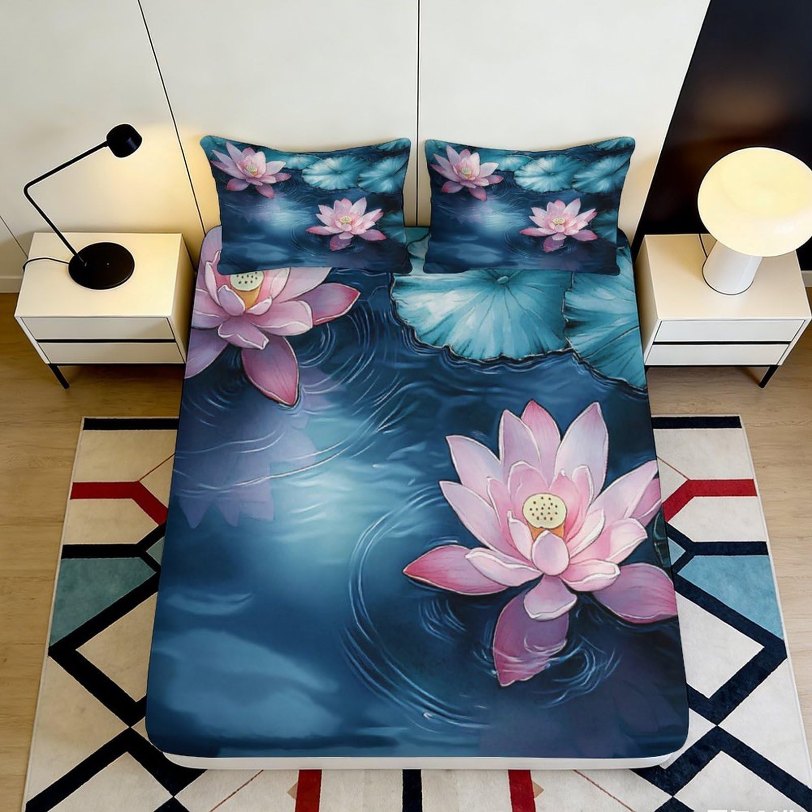 3D Printed Lotus Pond Fitted Sheet Microfiber Bedroom Decor Water Lily Mattress Cover Anti-Slip Machine Washable 90x200x25cm