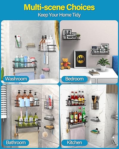 Miniatura 2 de DILEASIR Organizador de ducha  Paquete de 5 estantes de ducha, organizador de ducha adhesivo para colgar sin taladrar, organizador de baño de acero