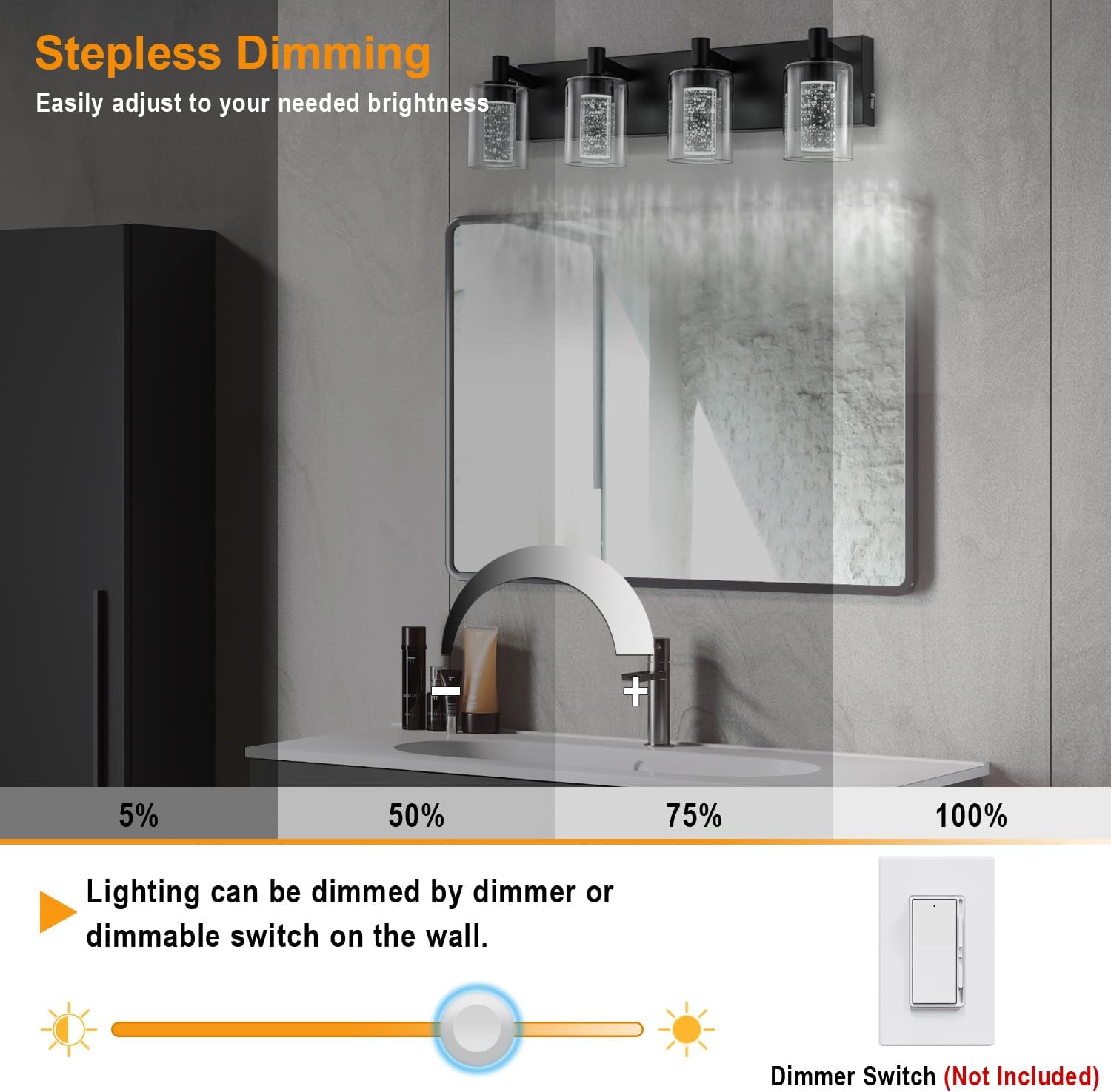 Illustration of stepless dimming from 5% to 100% brightness, with an image of a dimmer switch.