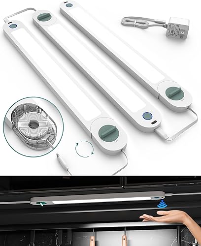 Luces onduladas de mano para debajo del mostrador, luces con sensor de movimiento enchufables, con cable retráctil, 6000 K, luces blancas regulables