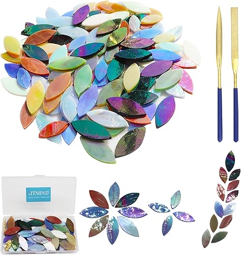 LITMIND 120 piezas de azulejos de mosaico de hojas iridiscentes de vidrieras  pétalos precortados para manualidades, tamaños mixtos con archivos,
