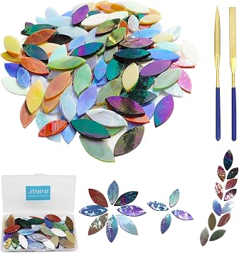 LITMIND 120 Pcs Iridescent Leaf Stained Glass Mosaic Tiles Precut Petals for Crafts, Mixed Sizes with Files, DIY Mosaic Art Supplies