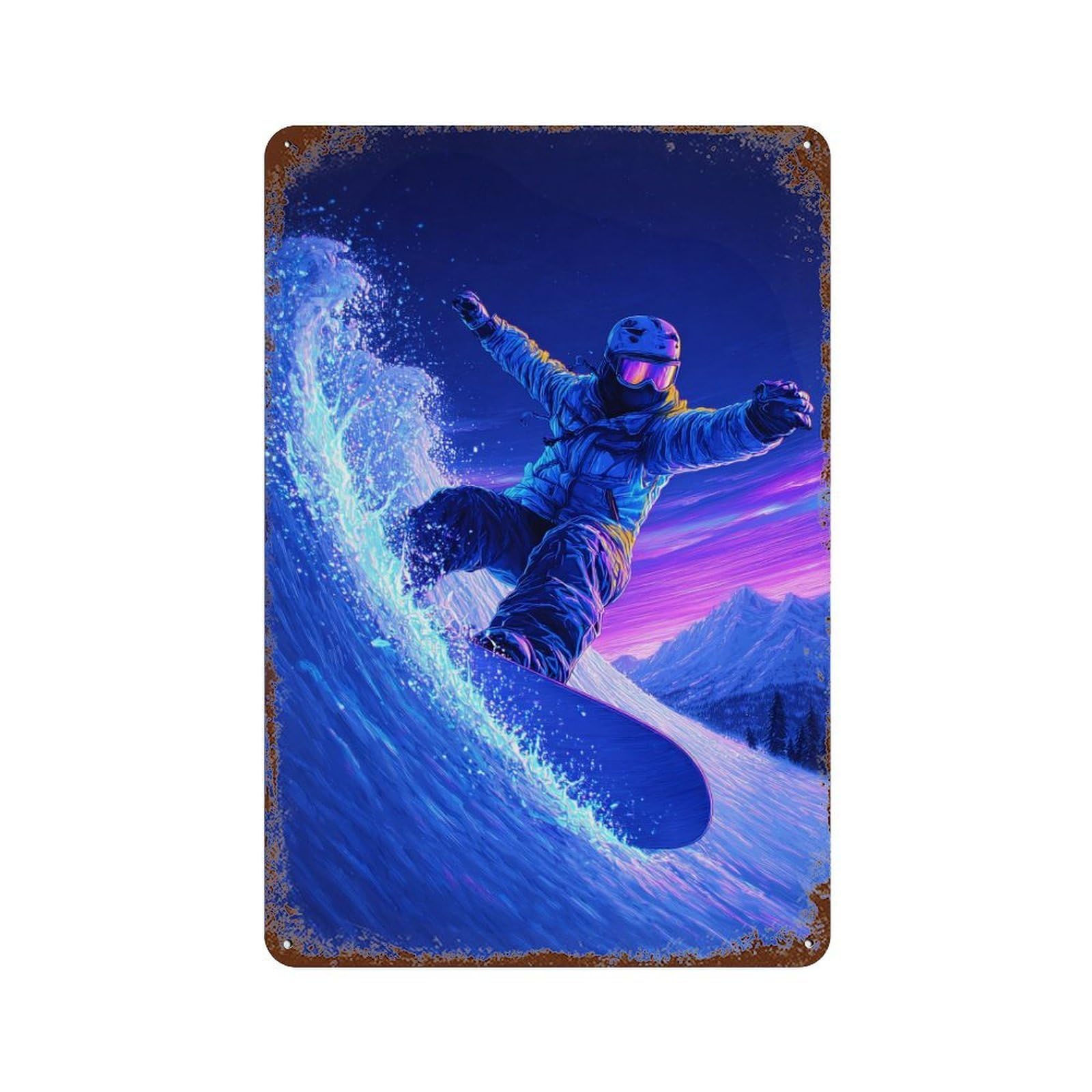 Snowboarding Adventure in Neon Lights Rust Effect Tin Sign 11.8"x7.9", Industrial Home Decor for Basement, Hobby Room And Garage Decor