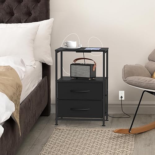 Miniatura 5 de YBING Mesita de noche con estación de carga, mesa auxiliar con 2 cajones de tela, con puertos USB y tomas de corriente, moderna mesita de noche con