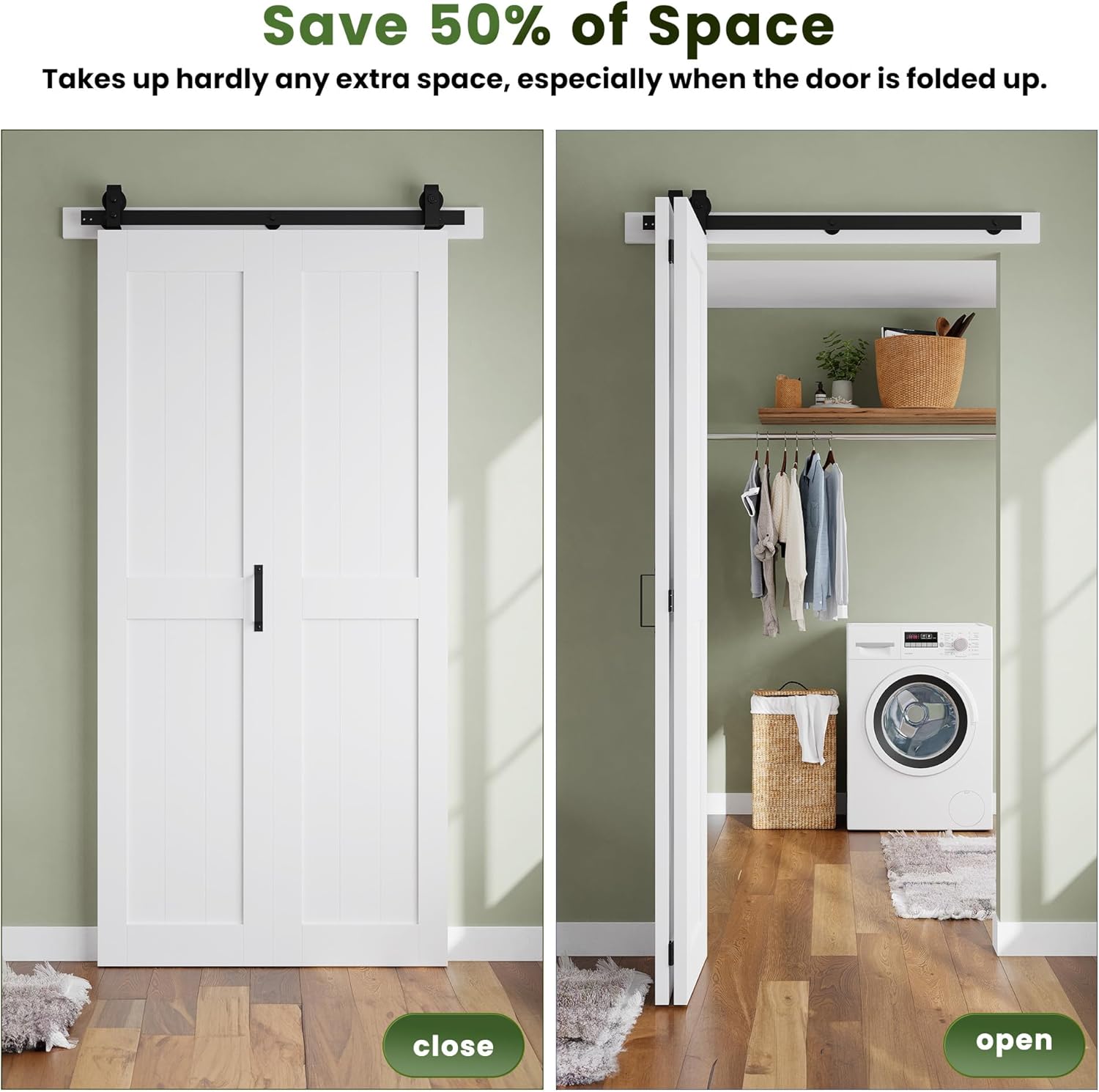 Image showing the bifold barn door in both closed and fully open positions, demonstrating its space-saving feature.