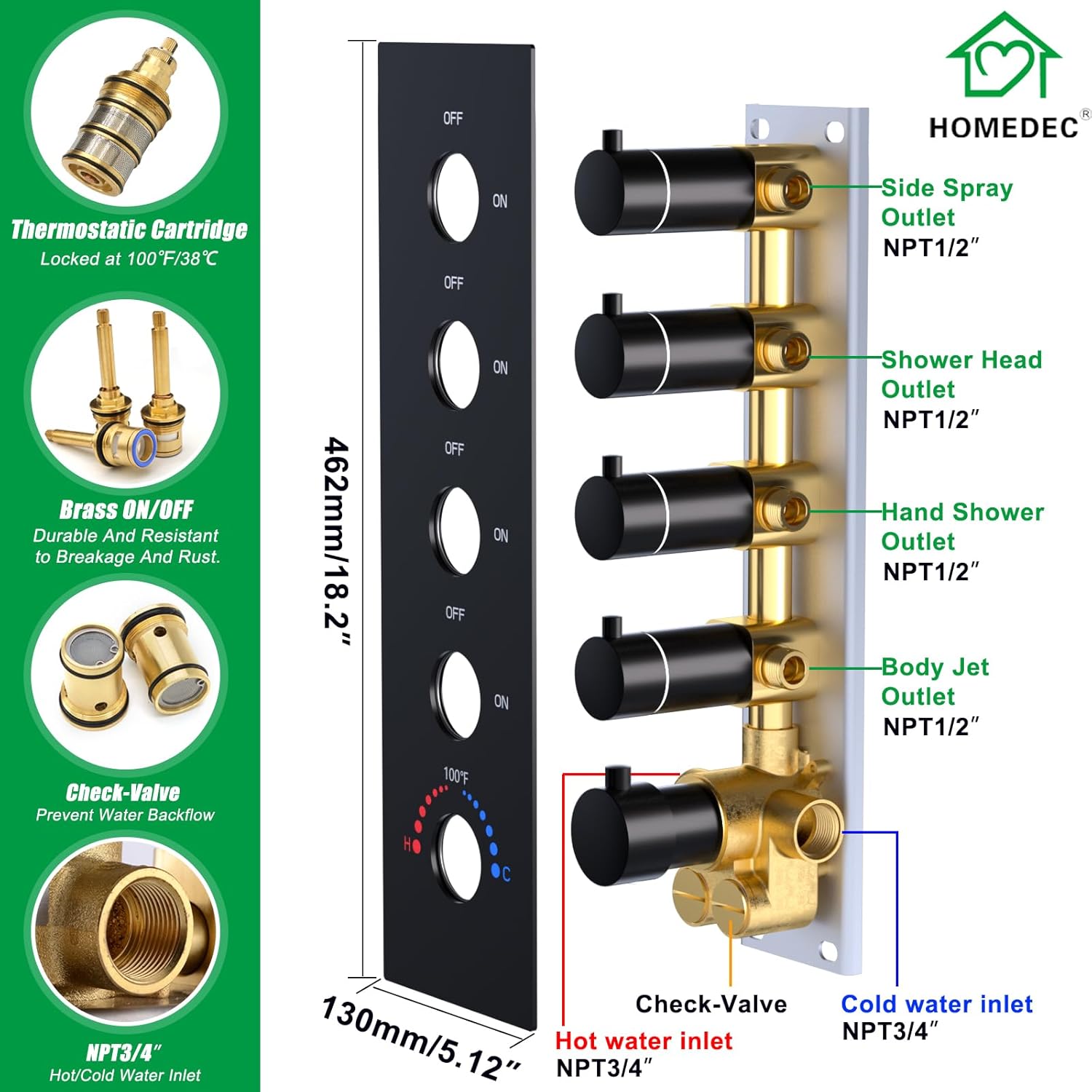 HOMEDEC 14x20inch LED Rainfall Shower System with 6" Wall Mounted Shower Head, 4 Way Thermostatic Diverter Valve, Body Sprays and Handheld, Black