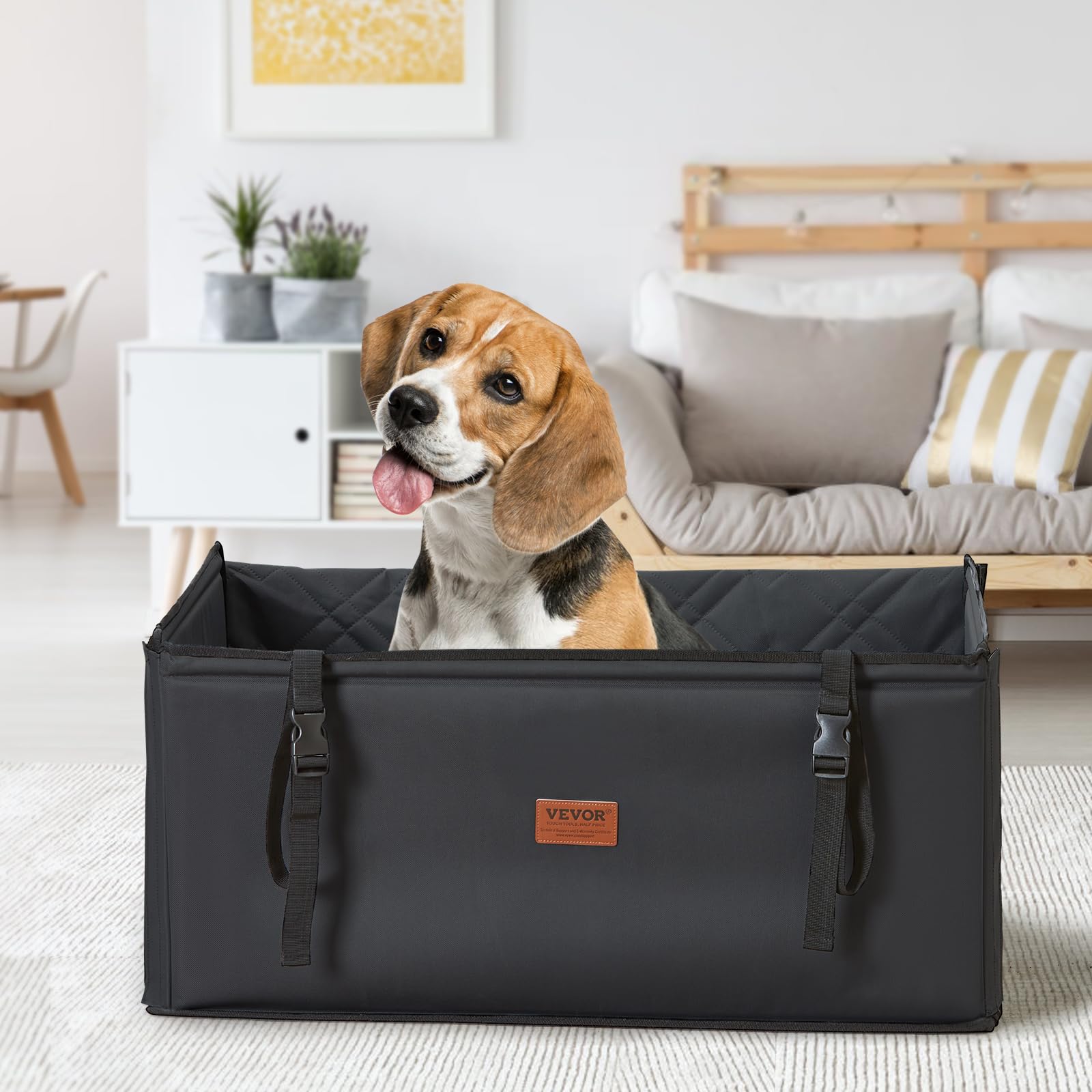 VEVOR Autositz Hunde 75 x 58 x 50 cm, Hundeautositz mit Stützrahmen, Haustierautositz mit ansteckbarer Sicherheitsleine, Baumwollfüllung, Rücksitz für kleine mittele Hunde bis 22 kg, Schwarz