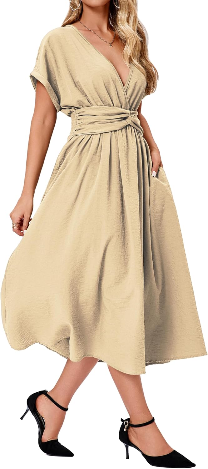 Women's Summer Casual Short Sleeve Wrap Elastic Wasit Deep V Neck Mid A-Line Loose Dress 2025 - Image 4