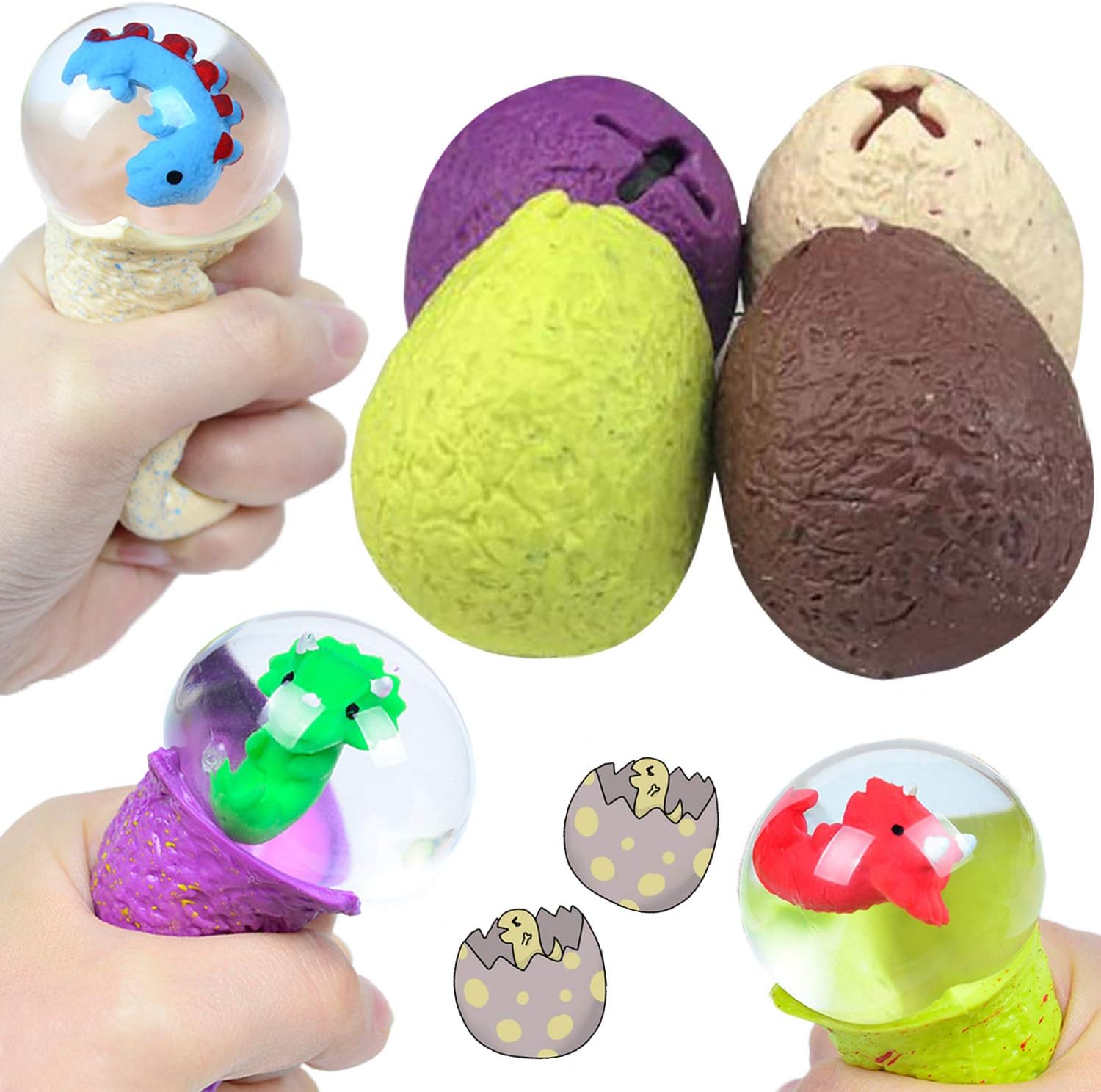 4 Pack Dinosaur Egg Stress Balls for Kids Toddler and Large, Multicolor