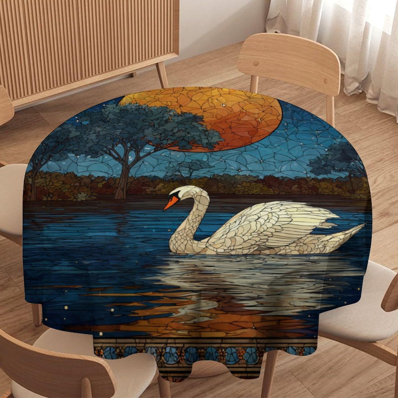 LUYYSKY Rustic Abstract Elegant Swans Waterproof Round Tablecloth Fantasy Realistic Full Moon Animals Swans Lake Pattern Washable Table Cover for Kitchen-91.4" Wx91.4 L cm