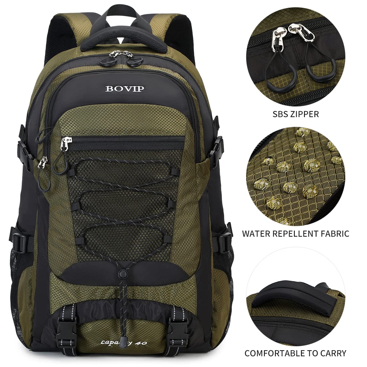 BOVIP 40L Hiking Backpack Waterproof Lightweight Daypack Travel Sports Camping Backpack for Men Women Green