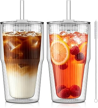KEMORELA 16oz Ribbed Double Wall Glass Cups with Lid and Straw 2PCS, Coffee Bar Accessories,Insulated Borosilicate Glass Tumblers, To Go Iced Coffee Cups, Spill proof tumbler,tumblers & water glasses