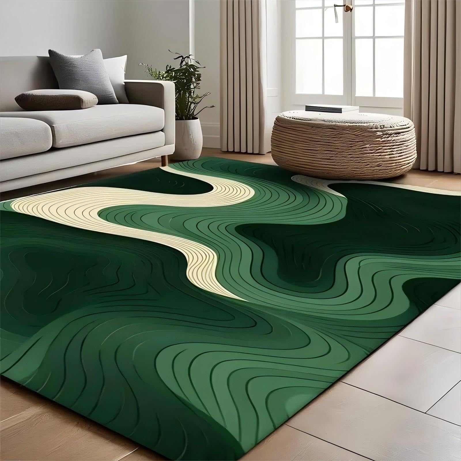 USHIRUG Abstract Swirl Area Rug, 60x90cm, Modern Geometric Luxury Art Deco Carpet, Soft Durable Non-Slip Rugs for Bedroom, Dining Room Lounge, Abstract Washable Non-Shedding Carpet Floor Mat, Green