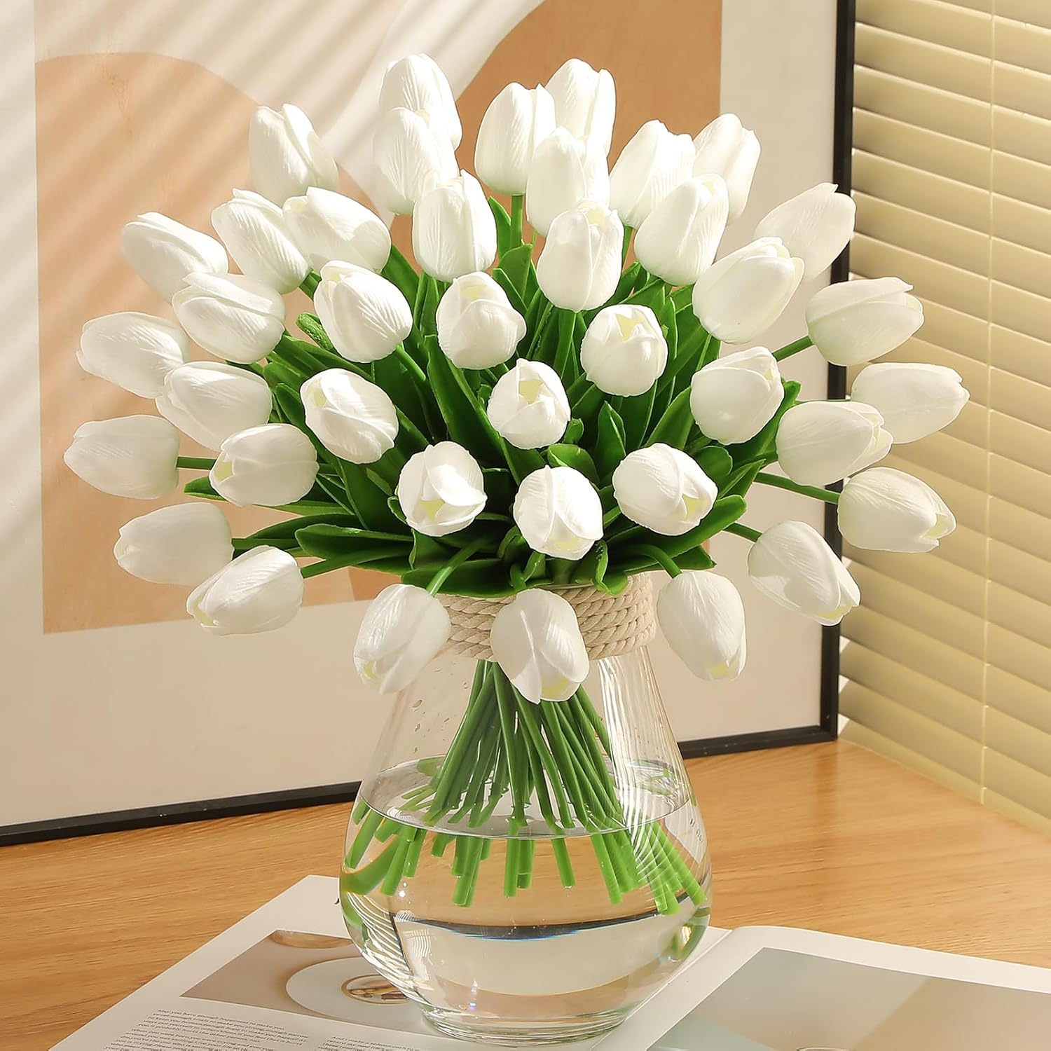 24 Pcs Artificial Tulips PU Faux Flowers, White Real Touch Fake Tulips for Valentine's Day Spring Easter Home Kitchen Wedding Decorations and New Year Decor - Image 2