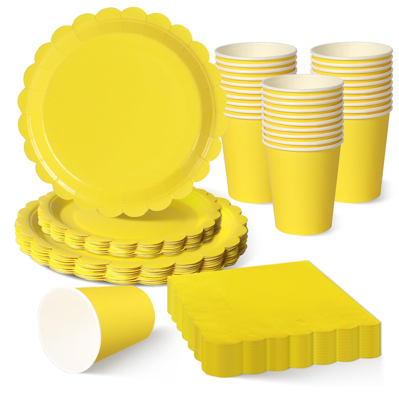 ZblPyro Yellow Party Tableware Set for 30 Guests | A Set of 120 pcs Includes 9" & 7" Scalloped Paper Plates, Cups & Napkins | Kids Birthday Party, Summer Festival & Sunny Celebration — image 1