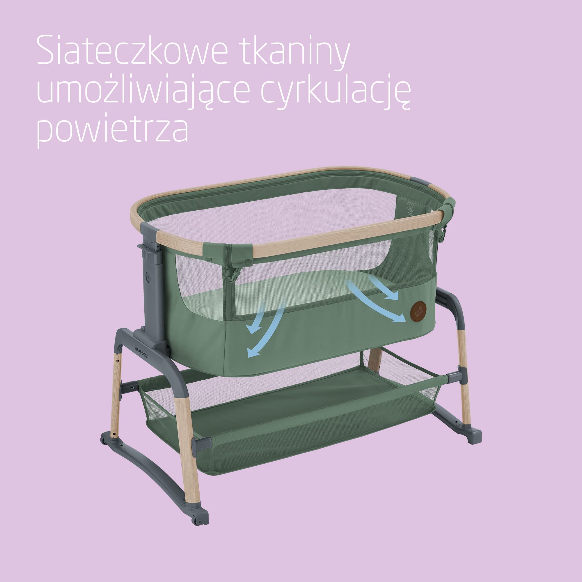 Maxi-Cosi Iora Air Łóżeczko Przystawka, Siatka do okoła, 0–6 mies., maks. 9 kg, Tryb bujania, 4 Poz. Odchylenia i 5 Wysokości, Łatwe Przesuwanie, Wygodny Materac, Łatwe Przenoszenie, Beyond Green