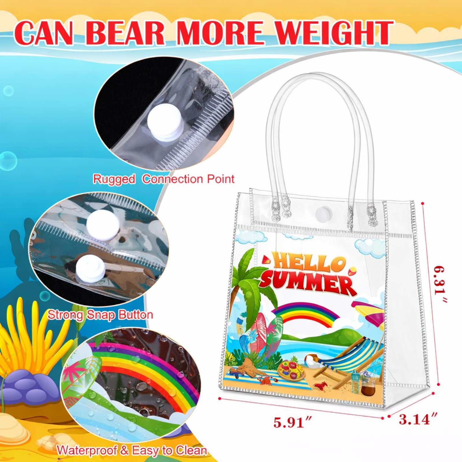 Aliceset 24 Pcs Hello Summer Clear Gift Bags Bulk with Handle, PVC Summer Party Favor Bag Reusable Transparent Goodie Bags for Beach , Pool Parties, Picnics & Outdoor Events, 6.31"x 5.91"x 3.15"