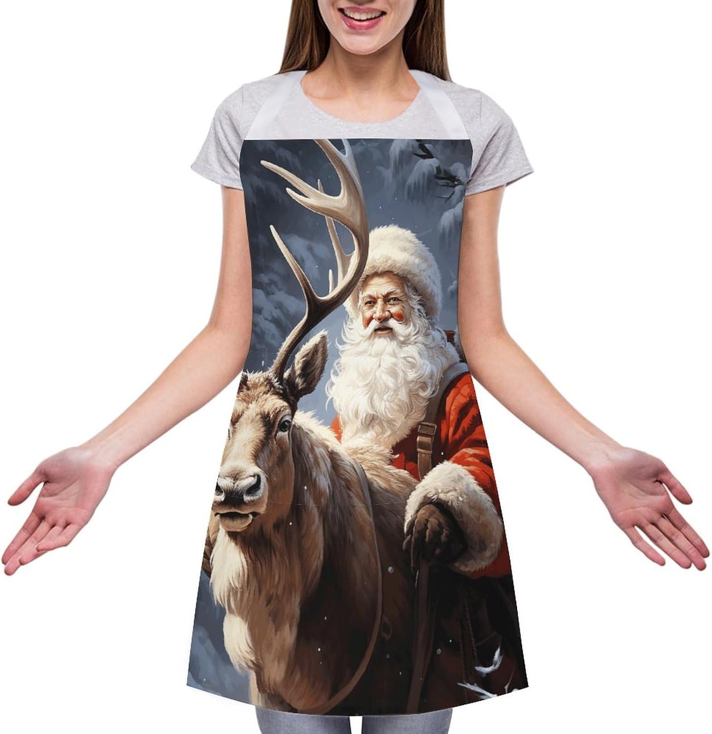 Santa Claus And Deer Elk Apron Adjustable Chef Apron with Pocket for Men Women Waterproof Bib Apron Durable Cooking Apron for BBQ Baking Kitchen Cooking Apron