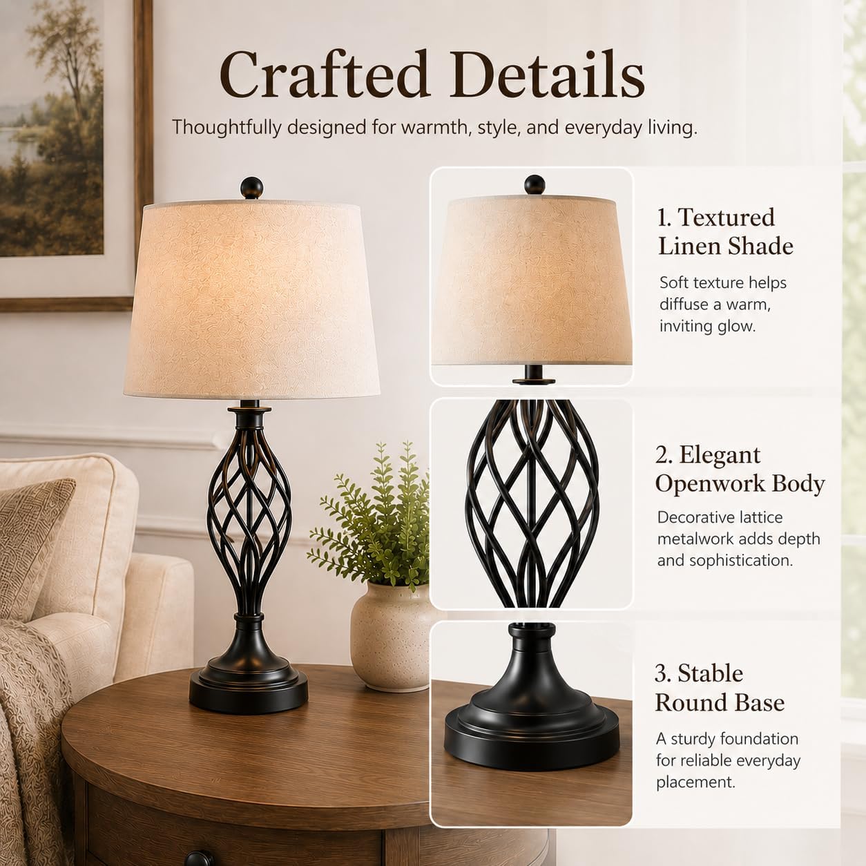 Maxax Lamp Set 3-Piece, Farmhouse 3 Pack Black Table Lamps and Floor Lamp, 3 Way Dimmable Lamps Set of 3 with Oatmeal Fabric Shade Black Base Decor for Living Room Bedroom Dining Room, ETL Listed