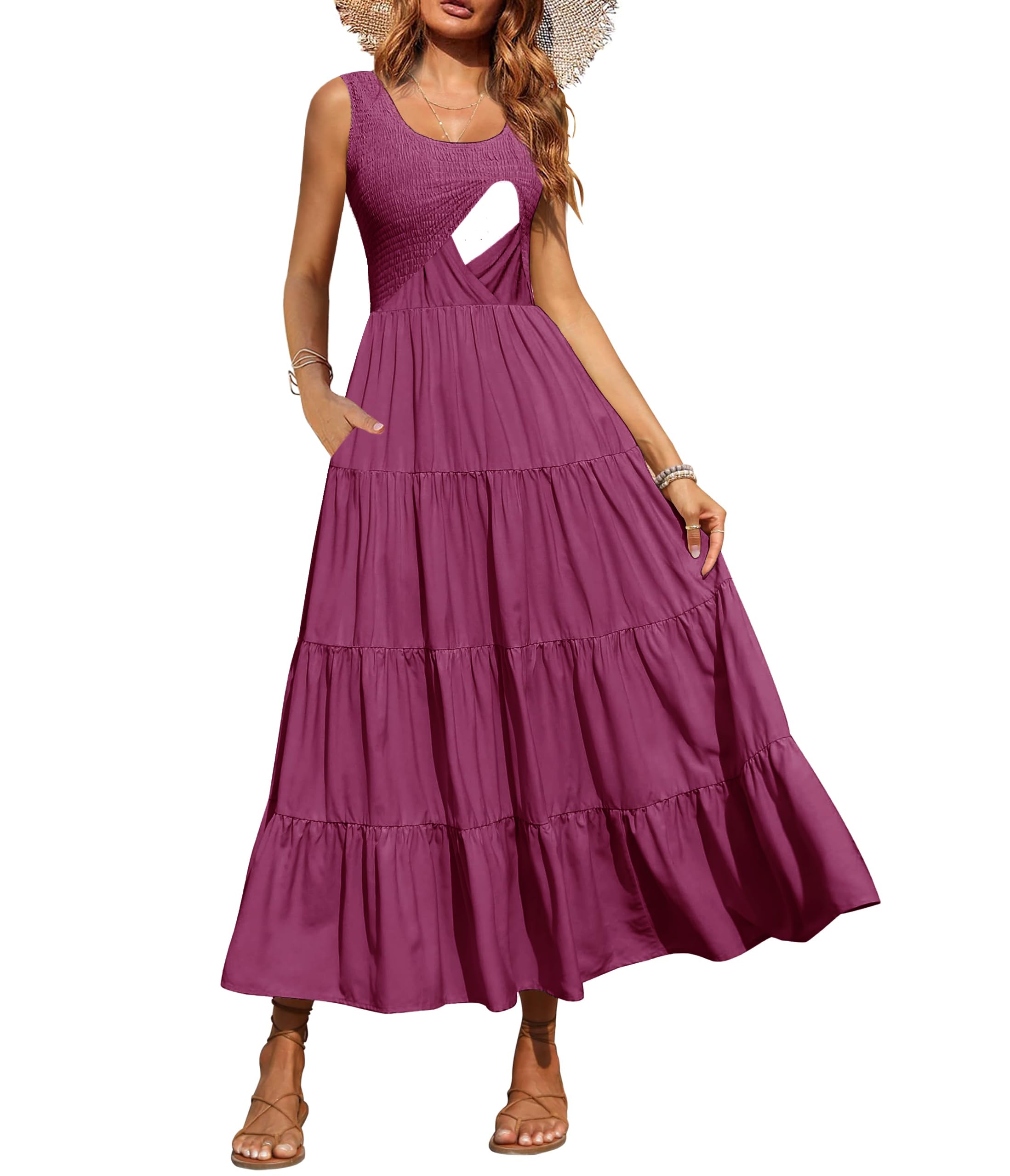 CzzzyL Women's Nursing Dresses Smocked Crew Neck Summer Sleeveless Tiered Maxi Dress with Pockets