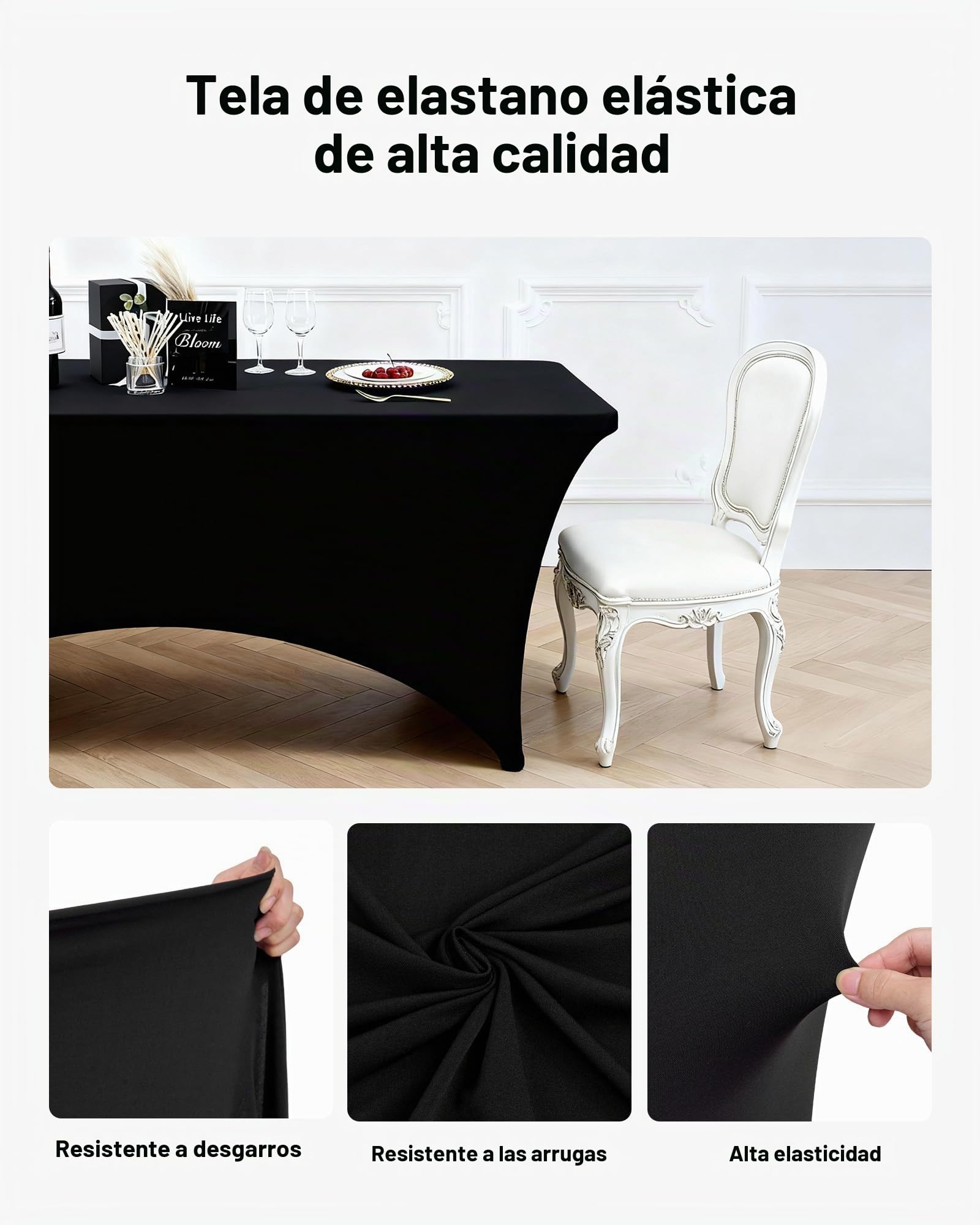 VEVOR Manteles Rectangulares de Licra Elástica para Mesas, Lavables y Antiarrugas, 95% Poliéster y 5% Elastano, para Fiestas, Bodas, Banquetes y Festivales, Negro, 10 uds, 183 x 76 x 76 cm