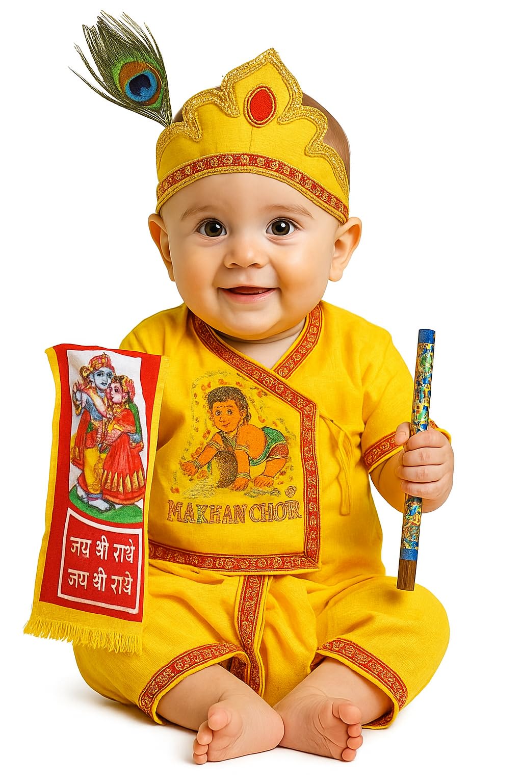 Nephar Kids Krishna Dress Set for Boys & Girls | Kanha Fancy Dress Costume | Janmashtami Dress with Mukut, Flute & Radha Krishna Scarf | Krishna Costume for Kids & Infants