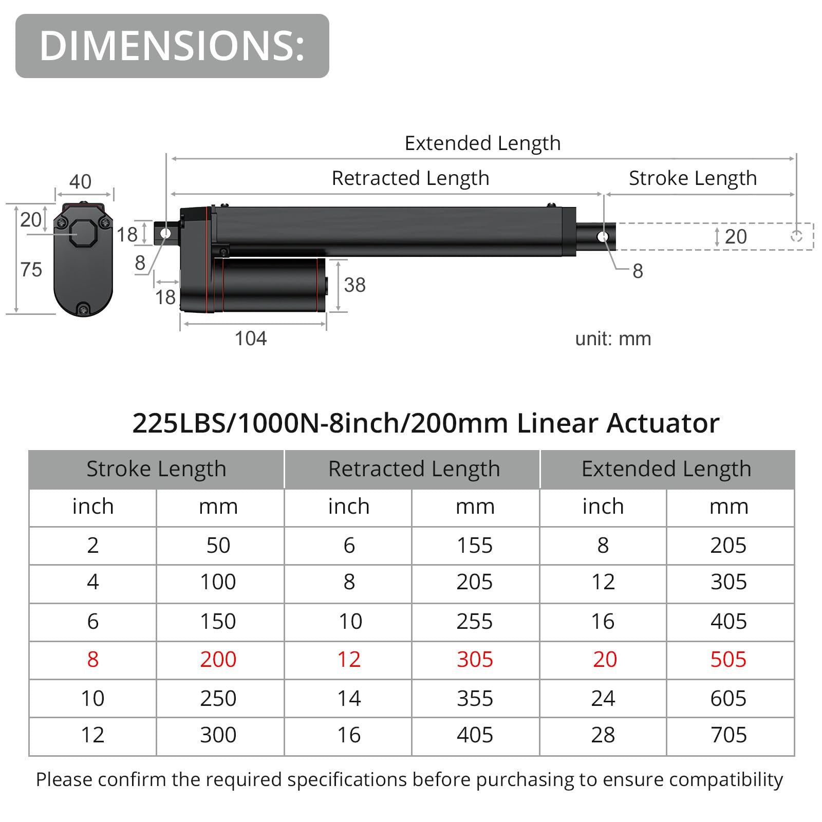 Justech 225 LBS/1000N-8inch/200mm 12V Linear Actuator, Electric Actuator — Amazon image 3