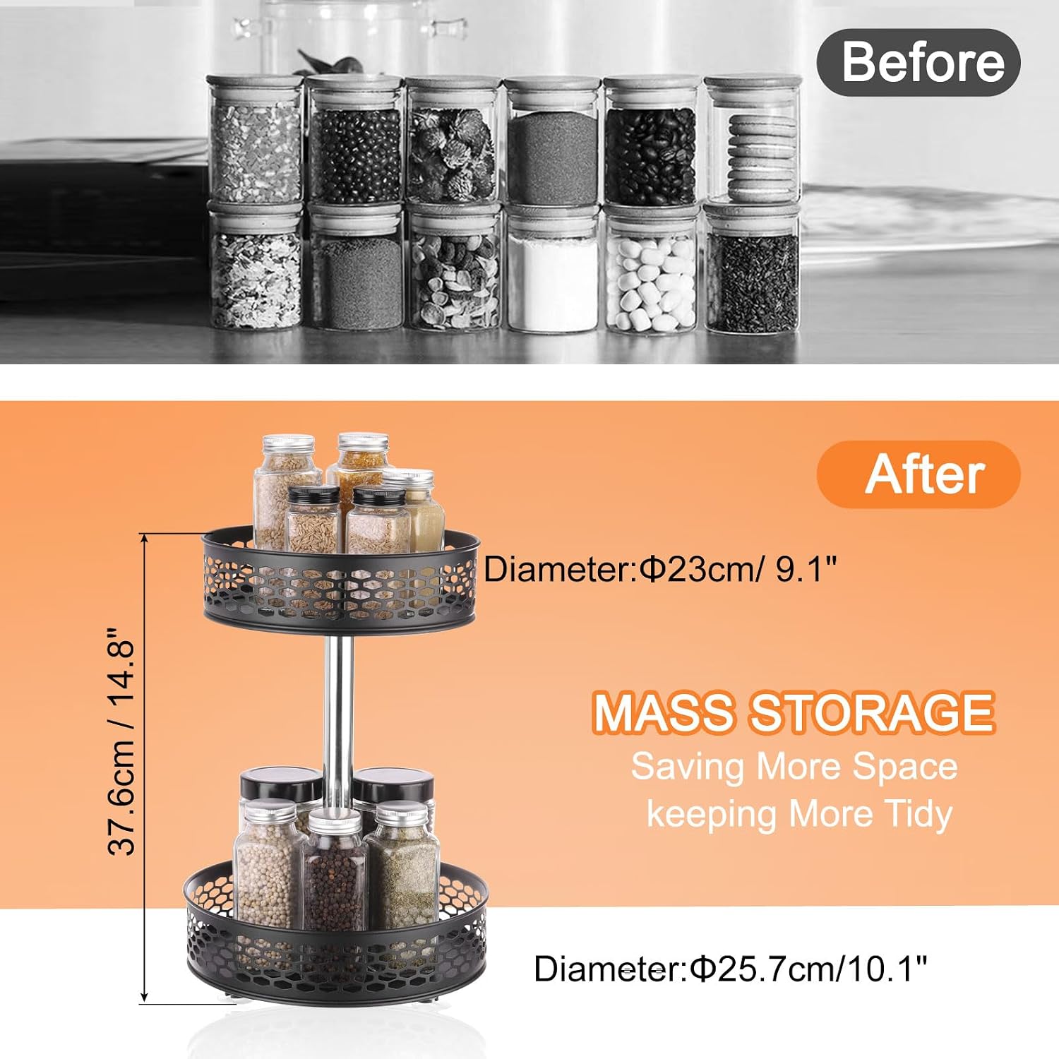 uxcell Lazy Susan Organizer, 2-Tier Carbon Steel Turntable Rotating Spice Rack Organizer with Turntable Height Adjustable for Pantry Cabinet Cupboard Table, Black