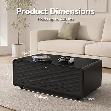 LIVTAB Smart Coffee Table, Living Room Table with Built in Fridge, 23 D x 41.5 W x 18.2 H, 15W Wireless Charging, USB Chargers and Speakers (Black)
